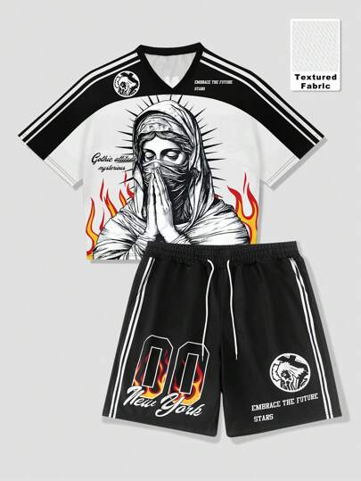 Prep Ensemble t-shirt et short d'été décontracté pour hommes, avec patchwork bicolore et imprimé personnalisé