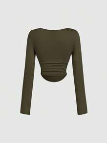 SHEIN MOD 3 件女式褶皱休闲方领长袖 T 恤套装，保暖服装，秋季女装，外出上衣，假日女装，新年，白色上衣 - 軍綠色 - 查看 6