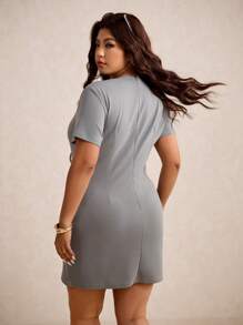 Elaquor Plus Size Bow Knot Tie Waist Fitted Short Sleeve Mini Casual Dress