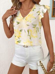 SHEIN Clasi Women's Elegant Floral Print Cap Sleeve Blouse, Summer - Yellow - View 5