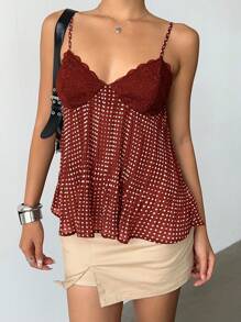 Top de tirantes de mujer con encaje, parches y estampado de lunares, ideal para el verano - Rojo - Ver 5