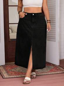 EMERY ROSE 大码女式休闲弹力牛仔迷你裙，春夏 - 黑色 - 查看 3