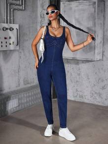 SHEIN ICON 女士休闲百搭无袖牛仔连身裤 - 深色水洗藍 - 查看 4