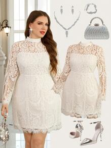 SHEIN Clasi Valentinstag Frühlings Damen Spitzen-Manschette & Saum verziertes Kleid in Große Größen, elegantes weißes Damenkleid - Weiss - Übersicht 1
