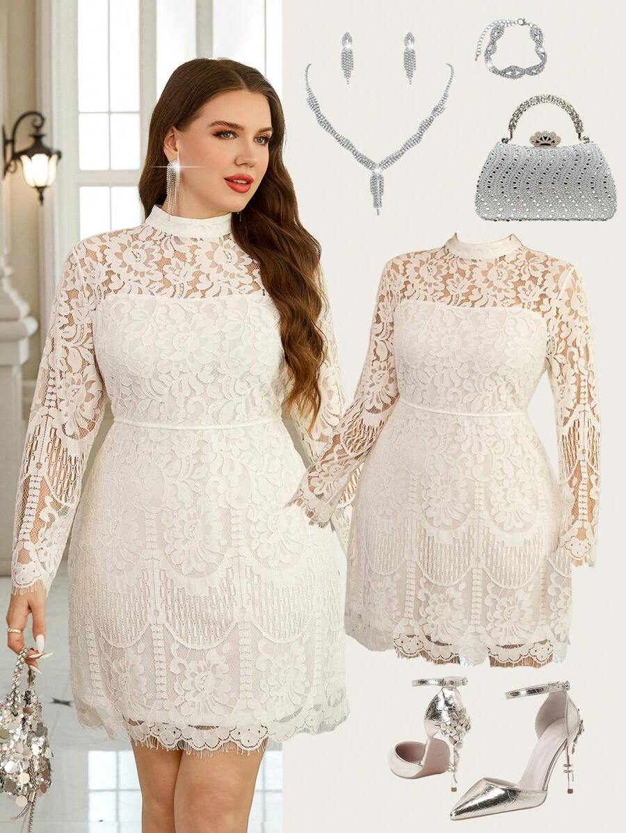 SHEIN Clasi Valentinstag Frühlings Damen Spitzen-Manschette & Saum verziertes Kleid in Große Größen, elegantes weißes Damenkleid - Weiss - Übersicht 1