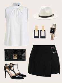 Ellevyn Plus Chain Detail Wrap Front Black Skort - Black - View 1