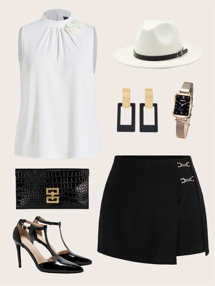 Ellevyn Plus Chain Detail Wrap Front Black Skort - Black - View 1