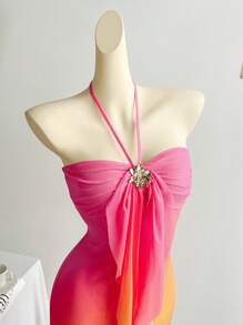 Soleia 女士度假针织网眼渐变色浪漫修身挂脖系带金属扣装饰鱼尾长裙，适合派对、约会、下午茶，性感优雅 - 彩色 - 查看 6