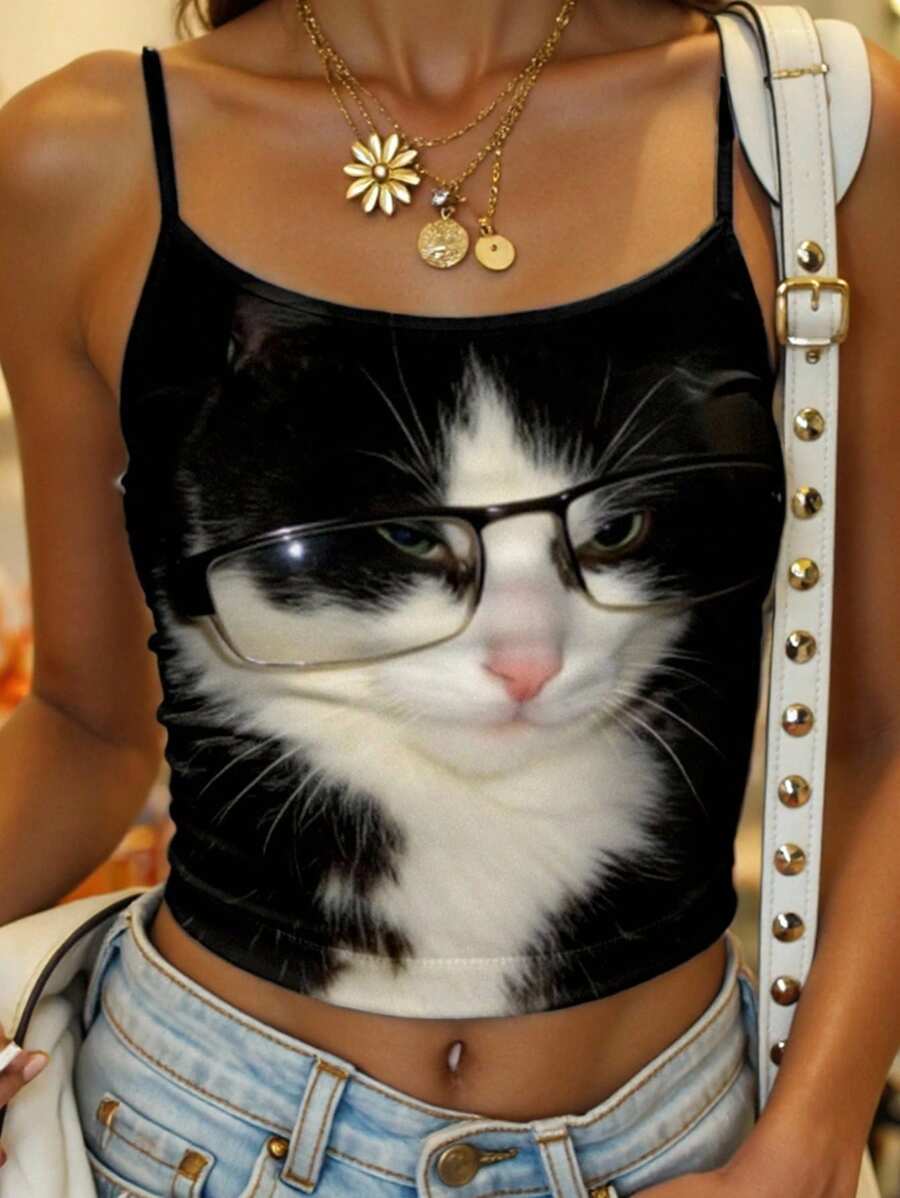 SHEIN EZwear 女士休闲夏季朋克猫眼性感吊带背心，Y2K时尚夏季可爱猫眼上衣，适合外出穿着 - 彩色 - 查看 1