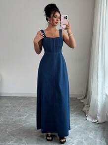 Elenzga 女式休闲无袖加长牛仔连衣裙，夏季 - 深色水洗藍 - 查看 4