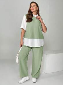 SHEIN Essnce Plus Size Women's Spring And Summer Fashion Casual Loose Comfortable Daily 2 In 1 Short-Sleeved Shirt And Wide-Leg Pants,Two Piece Set Women - Mint Green - View 3