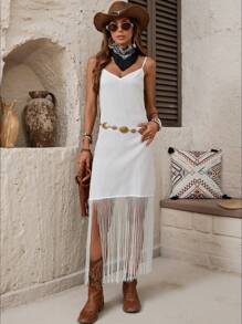 SHEIN LUNE Women's Vacation Casual Fringed Hem Spaghetti Strap Dress - White - View 3