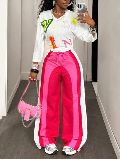 BamGleam Casual Loose Drawstring Waist Contrast Color Pants, Suitable For Outdoor Wear Fall Cloth For Women