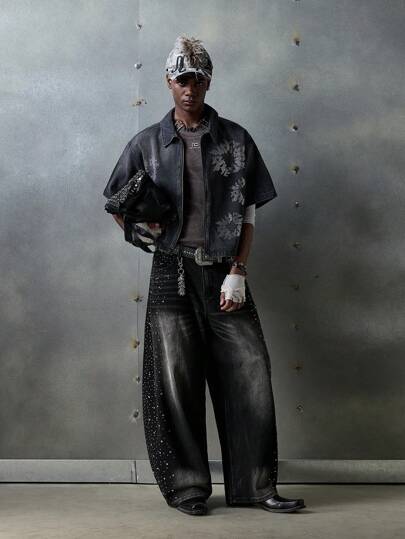 NEON BLANC 男士街头时尚曲线牛仔裤，长款宽松版型独特牛仔裤