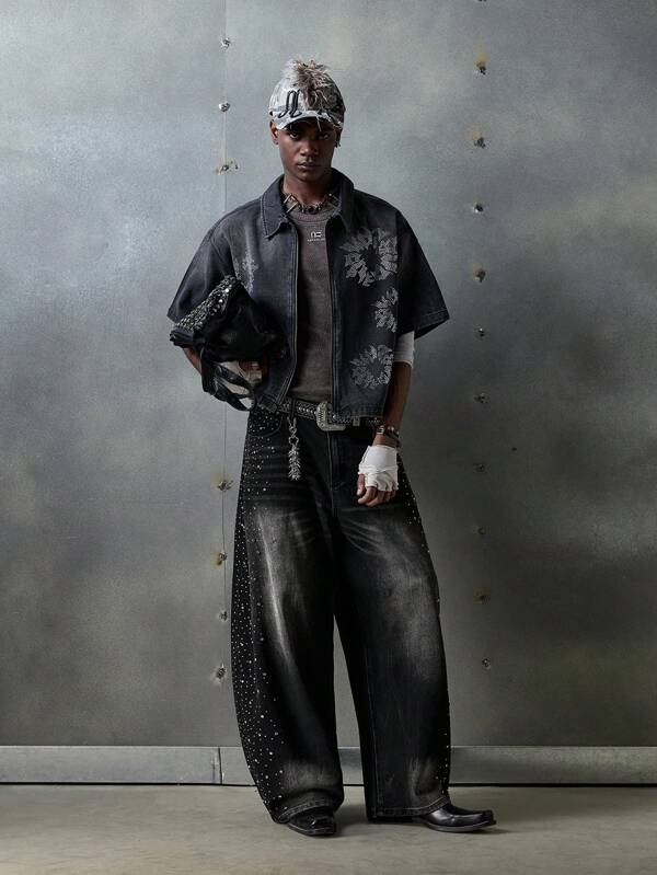 NEON BLANC Herren Streetwear-Mode Gebogene Jeans, Lange Länge Relaxed Fit Einzigartige Denim Hose