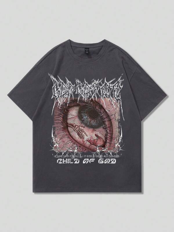 ROMWE MEN Goth Tricou bărbătesc cu mânecă scurtă, guler rotund și imprimeu grafic minimalist