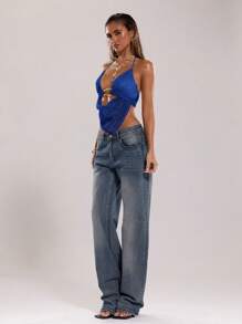 SHEIN BAE Women's Summer Sexy Bohemian Beach Vacation Concert Women Halter Neck Tie Metal Decoration Crochet Summer Tops, Summer,Club Sexy Top - Navy Blue - View 4