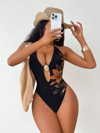 EgrlEra Traje de baño de una pieza sexy con estampado de hibisco estilo bohemio para mujer