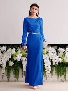 MOTF Soiréza 贴花细节纯色美人鱼下摆长裙（无腰带） - 寶藍色 - 查看 1