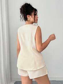 Elenzga Conjunto de 2 piezas de blusa elegante con moño y minifalda para mujer de talla grande, casual, de negocios, de vacaciones, vestidos de mujer, ropa de verano para mujer de talla grande, ropa formal para mujer, conjuntos blancos para mujer - Albaricoque - Ver 2
