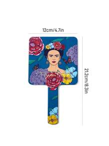 Frida Kahlo X SHEIN 1 pieza Espejo de mano cuadrado con gráficos de figuras e impresiones florales, apto para uso en el hogar, oficina y viajes, ligero, de alta definición, artístico y elegante