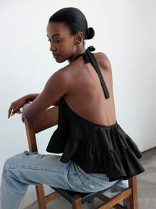 SHEIN Maija Top de mujer de estilo urbano suelto con volantes en el bajo, sin espalda y con cuello halter, versátil para uso casual, de negocios, vacaciones, invitada de boda, sin tirantes - Negro - Ver 3