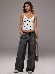 TRNVIE Áo hai dây chấm bi trắng ôm sát dành cho nữ, phong cách nghỉ dưỡng/du lịch, xuân/hè - trắng - Xem 7