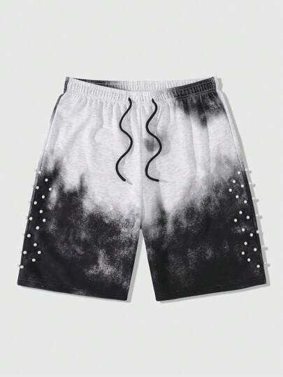 Street Life Pantalones cortos holgados para hombres con estampado salpicado y aplicaciones de perlas