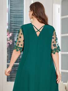 Lacomfia Váy ren kiểu Ả Rập tay ngắn màu trơn cỡ lớn - Màu xanh lá cây đậm - Xem 2