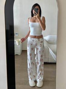 Pantaloni ampi da yoga in maglia bianca con stampa di orsetto teddy a vita bassa con laccetto, abbigliamento casual per la casa, adatto per l'estate, per ragazze adolescenti