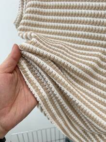 SHEIN Áo thun tay ngắn cổ tròn kẻ sọc đơn giản cho bé gái tuổi teen, tối giản và thoải mái cho trang phục hàng ngày/ở nhà - Màu be - Xem 6