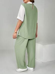 SHEIN Essnce Plus Size Women's Spring And Summer Fashion Casual Loose Comfortable Daily 2 In 1 Short-Sleeved Shirt And Wide-Leg Pants,Two Piece Set Women - Mint Green - View 2