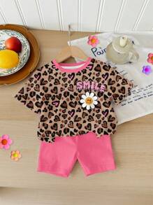 SHEIN Cute Pink Leopard Print & Floral Pattern, Baby Girl Casual Minimalist Style Round Neck Short Sleeve T-Shirt And Shorts Set, Suitable For Spring/Summer