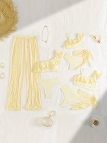 3 PiecesGirls Vacation Beach Bikini Set With Skirt, White - Beige - View 7