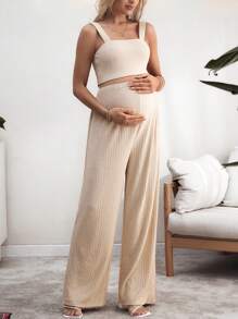 SHEIN 2pcs/Set Maternity Solid Color Knit Camisole & Pants - Khaki - View 4