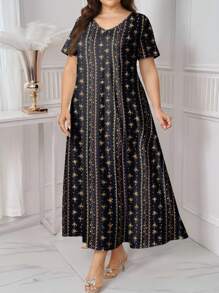 Lacomfia Plus Size Women Summer Casual Floral V-Neck Short Sleeve A-Line Dress,Women's Book Summer Fashion Simple Waist Slimming Floral Print Dress, Home Outing Casual Dress, Fabric Soft And Comfortable Loose Women's Dress Women's Dress Elegant Dress Women's Summer Clothing Women's Casual Dress Women's Beautiful Dress,Black Dress Brown Dress