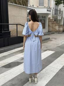 SHEIN Set de 2 piezas con Top sin espalda con lazo y abertura, y falda minimalista, conjunto elegante de estilo casual de verano con rayas tejidas, para adolescentes, para reuniones - Celeste - Ver 6