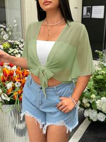 SHEIN EZwear 橄榄绿色透视大码女式短袖轻便夹克 - 橄欖綠 - 查看 3