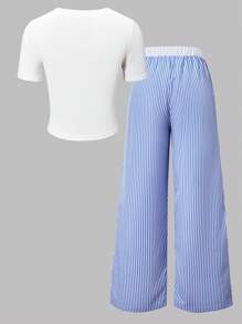 Lunivi Set de 2 piezas de ropa casual para adolescentes, top de ajuste ceñido con cuello redondo y estampado floral y pantalones anchos de cintura elástica a rayas, para verano