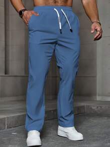 Manfinity Homme Pantalones casuales de verano para hombres de unicolor, con cintura elástica, cordón y bolsillos