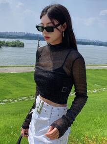 DAZY Mock Neck Glitter Mesh Top Without Cami Top Going Out Tops Sheer