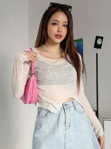 DAZY Lettuce Trim Asymmetrical Hem Tee Long Sleeve Women Tops,Fall Women Clothes - Beige - View 4