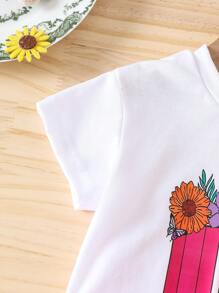 SHEIN Ensemble 2 pièces pour bébé filles 2025 composé d'un Top à manches courtes imprimé crayon mignon et mode + shorts imprimés léopard rose