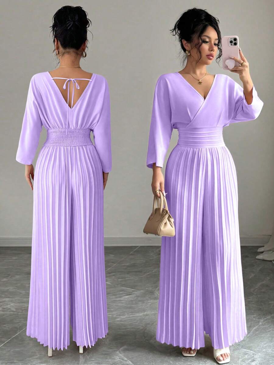 Rafferiza 女式纯色V领喇叭腿连体裤，七分袖 - 淡紫色 - 查看 1