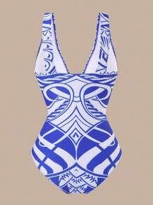 Swim Oasis Nuevo conjunto de baño de verano 2025 de 3 piezas para mujer, que incluye traje de baño de una pieza con estampado de posicionamiento, falda y falda larga de malla para vacaciones en la playa - Azul y blanco - Ver 4