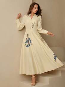 Anewsta 1 件女式长袖印花优雅泡泡袖/灯笼袖摆裙 - Butter Yellow - 查看 6