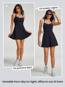 GLOWMODE FeatherFit™-Air Game Set A-Line Built-In Peekaboo Short Knotted Pocket Halter Dress Low Impact Daily  Quick Dry Moisture Wicking - Black - View 8