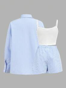 SHEIN Girlism Ensemble de 3 pièces chic et décontracté pour préadolescentes, composé d'un Top rayé bleu et blanc avec nœud, d'un débardeur blanc ajusté et d'un short