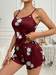 SHEIN 2 件套花卉印花女式睡衣套装、吊带背心和短裤 - 彩色 - 查看 6
