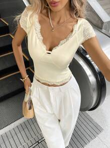 Siren Gaze Butter Yellow Y2K Crop Tops For Women - Summer Outfits 2025 New! Lace Splice Short Sleeve V-Neck Business Casual T-Shirt For Vacation/Commute/Dating Lace Trim Top Yellow Crop Top Women Yellow Summer Top Butter Yellow Top Light Yellow Top